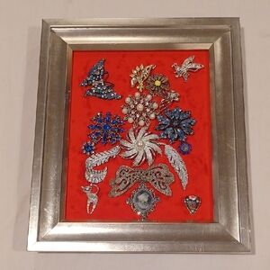 Floral Brooch Picture Art Silver Frame on Red Minky Background